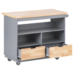 Rolling Mobile Kitchen Island with Solid Wood Top, 2 Drawers & Tableware Cabinet, Grey Blue