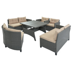 6-Piece Outdoor Wicker Sofa Set, Patio Rattan Dinning Set with Thick Cushions and Pillows, Plywood Table Top, Beige Cushion