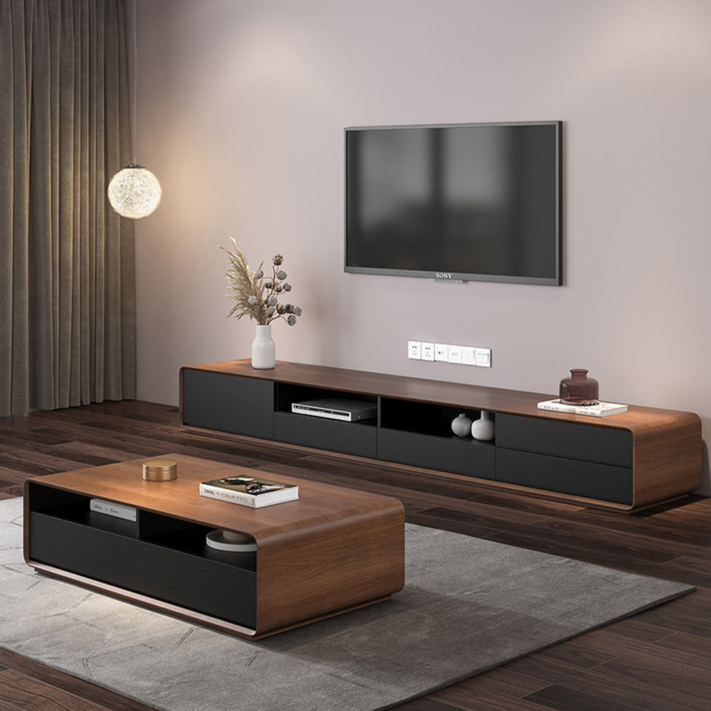 94.5" Modern Wood Fully-Assembled TV Stand with Drawers, Open Storage, Cabinet & Walnut Veneer, Black+Walnut