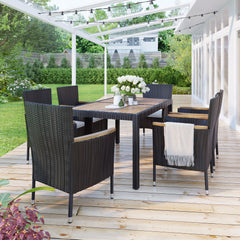 7-Piece Patio Dining Set, Garden Wicker Dining Table and Chairs Set, Acacia Wood Tabletop, Stackable Armrest Chairs with Cushions, Brown