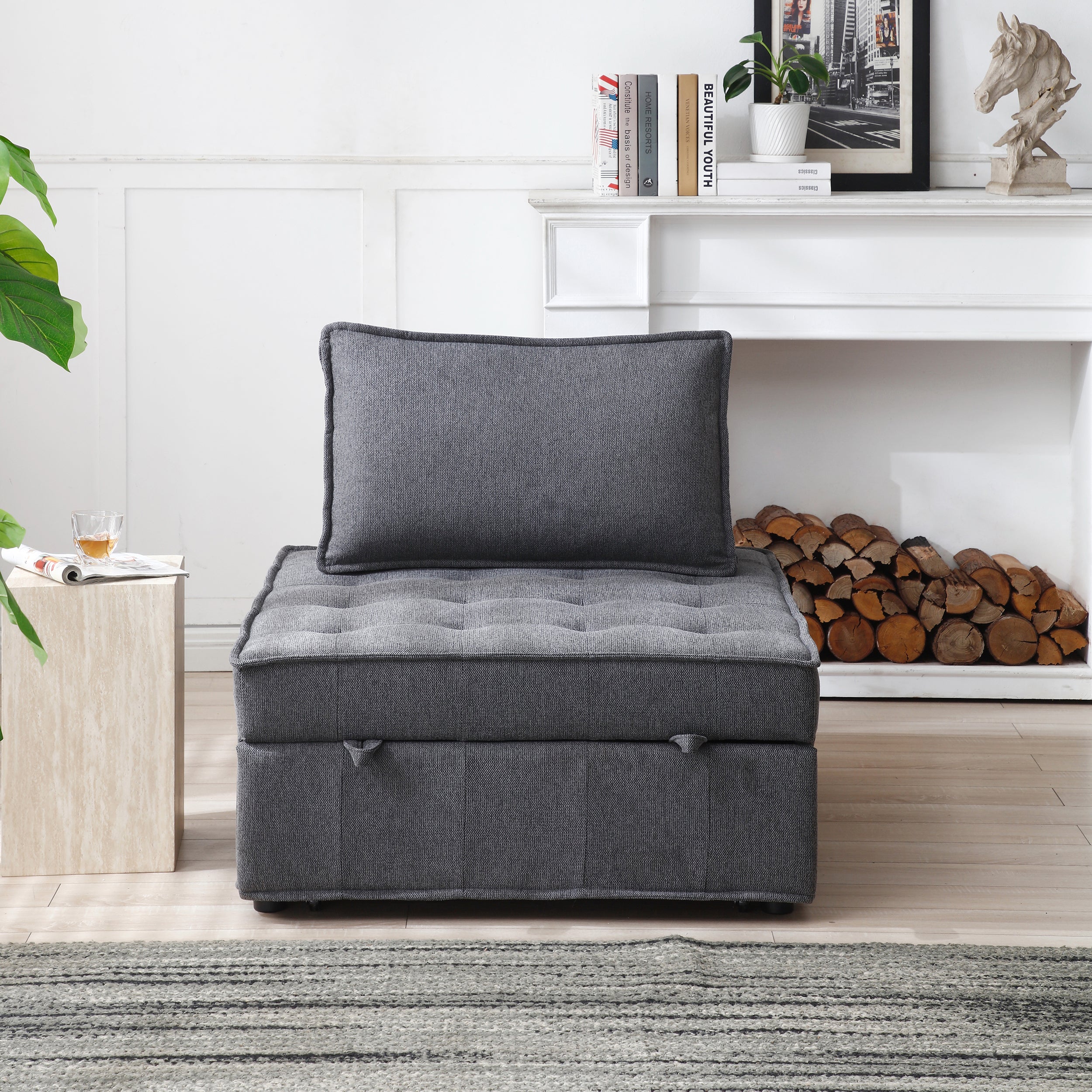 4 in 1 Pull-out Linen Fabric Sleeper Sofa Bed w/ Pillow & Side Pockets, No Armrest, Dark Gray