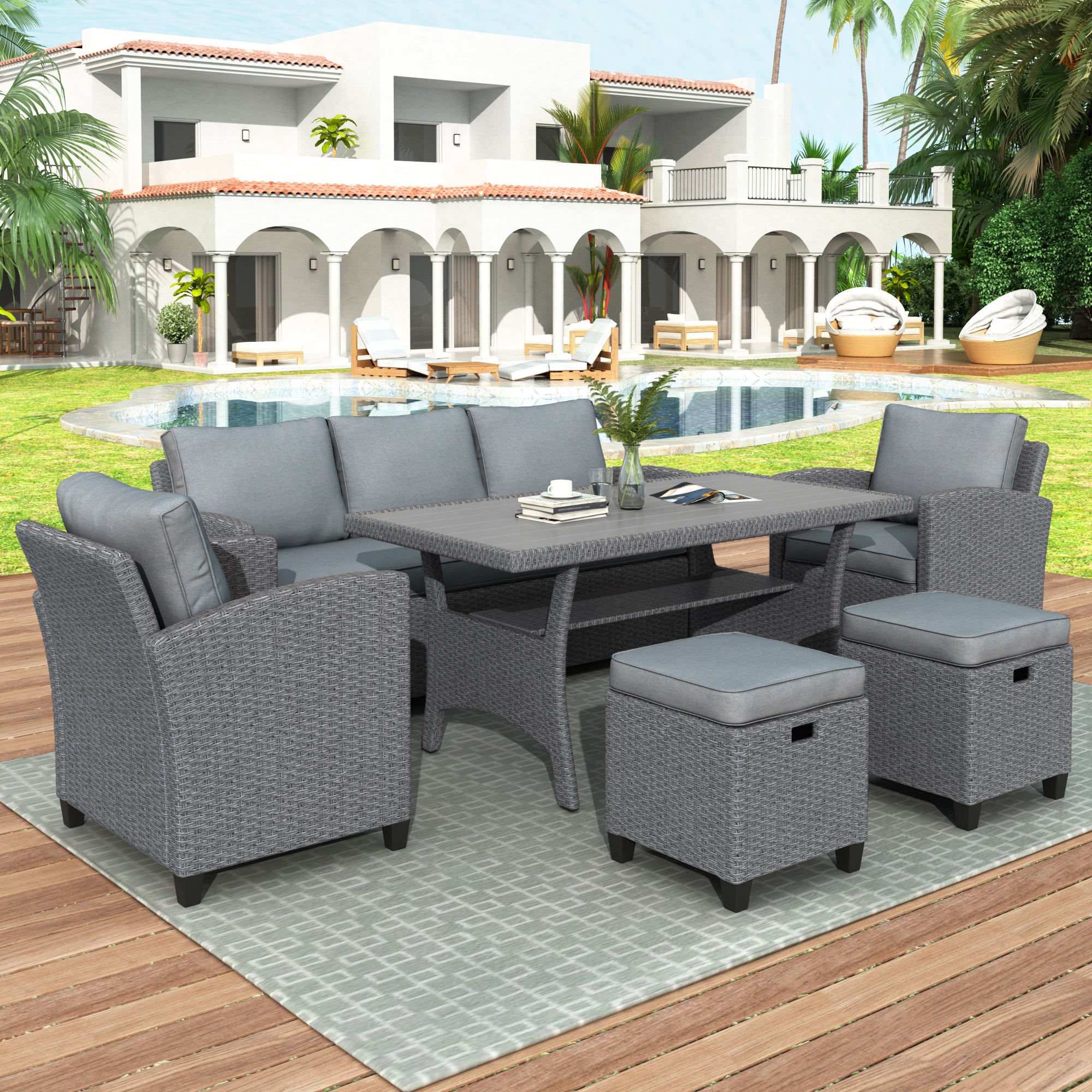 6-Piece Outdoor Sectional Dining Set with Chair, Stools and Table, Gray