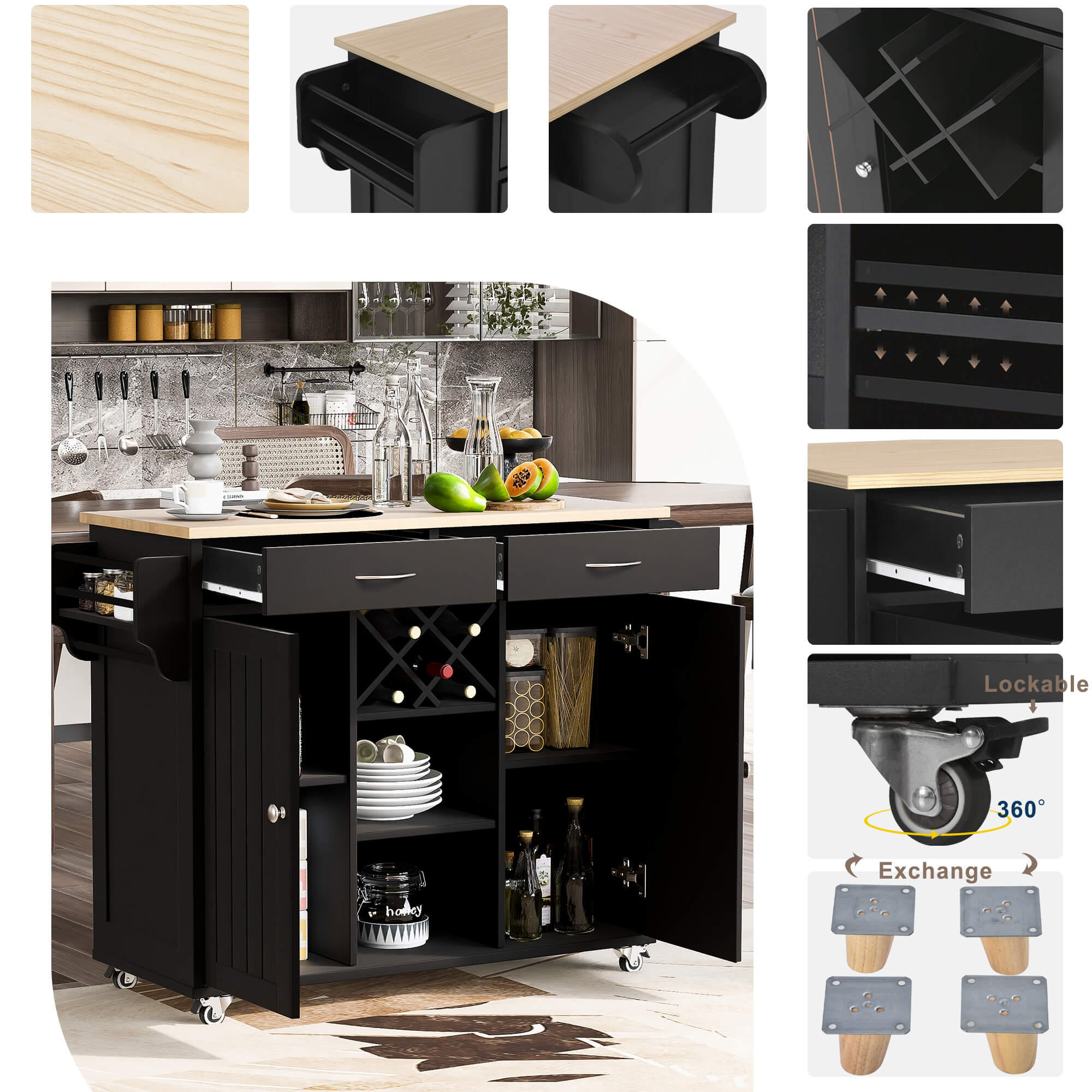 48" Kitchen Island Cart with Locking Wheels, 2 Storage Cabinets, 2 Drawers, Removable Wine Rack, Spice & Towel Rack, Black
