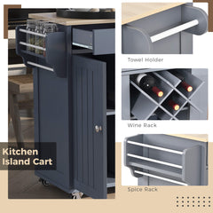 48" Rolling Kitchen Island Cart with Locking Wheels, 2 Storage Cabinets, 2 Drawers, Removable Wine Rack, Spice & Towel Rack