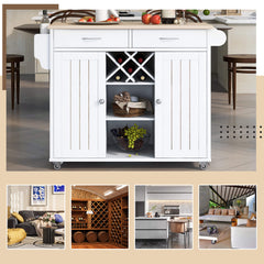 48" Kitchen Island Cart with Locking Wheels, 2 Storage Cabinets, 2 Drawers, Removable Wine Rack, Spice & Towel Rack, White