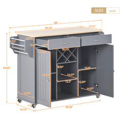 48" Rolling Kitchen Island Cart with Locking Wheels, 2 Storage Cabinets, 2 Drawers, Removable Wine Rack, Spice & Towel Rack