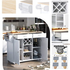 48" Kitchen Island Cart with Locking Wheels, 2 Storage Cabinets, 2 Drawers, Removable Wine Rack, Spice & Towel Rack, White