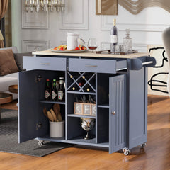 48" Rolling Kitchen Island Cart with Locking Wheels, 2 Storage Cabinets, 2 Drawers, Removable Wine Rack, Spice & Towel Rack