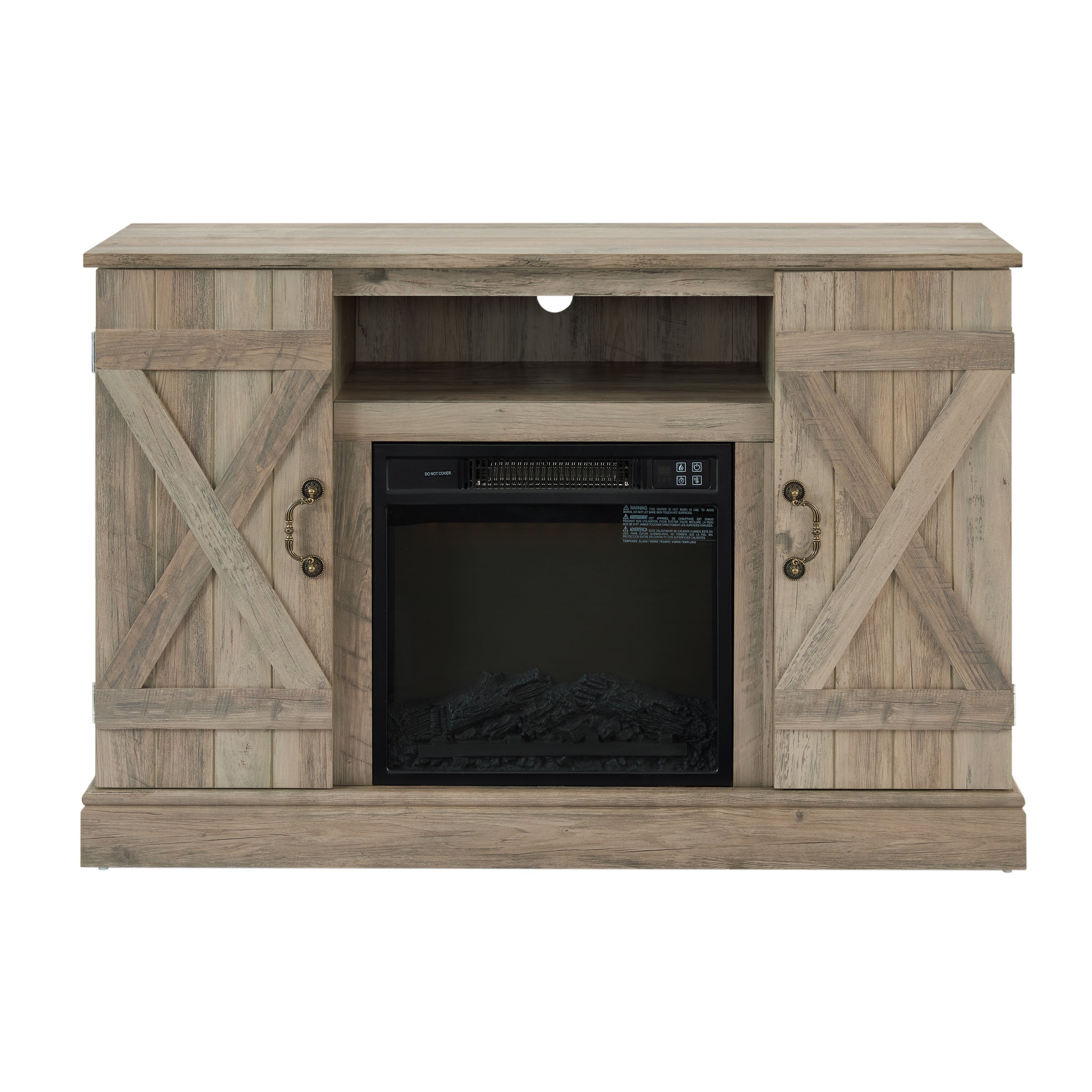 Farmhouse Classic Media TV Stand with 18" Electric Fireplace Insert for TV up to 50" with Open and Closed Storage Space, Gray Wash