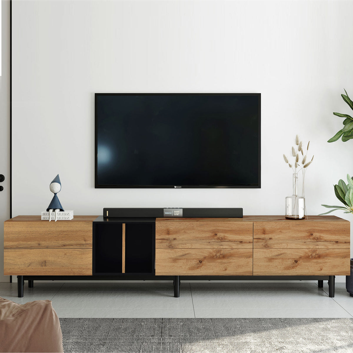 Modern TV Stand for 80’’ TV with 3 Doors & Media Console Table, Natural Wood