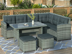 6-Piece Outdoor Sectional Ding Set with Glass Table, Ottomans, Gray
