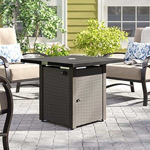 28" Outdoor Propane Fire Pit Table, 50000BTU Gas Dinning Fire Table with Lid, Lava Stone, ETL Certification