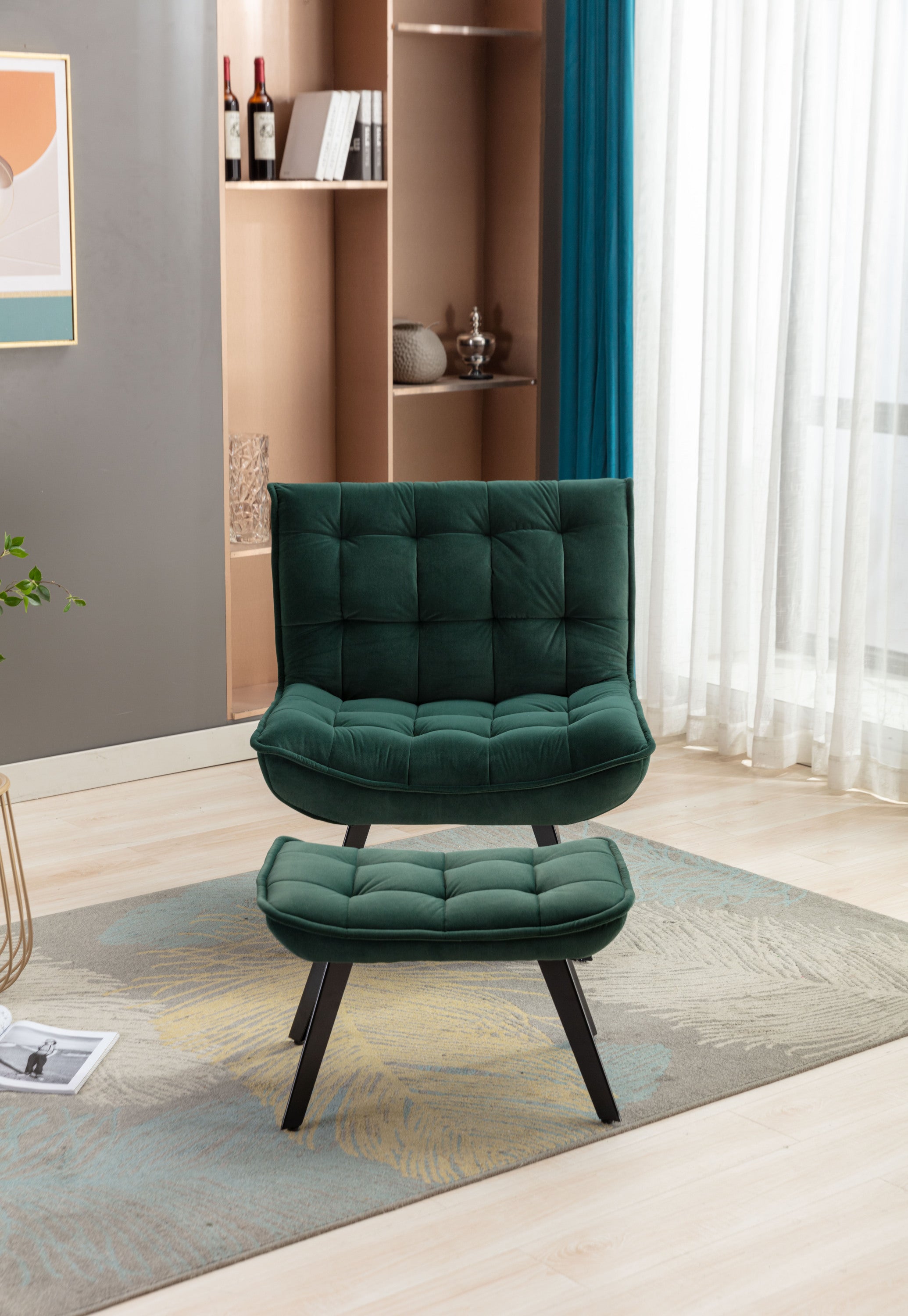 Modern Soft Velvet Fabric Material Large Width Accent Chair Leisure Chair Armchair TV Chair Bedroom Chair With Ottoman Black Legs For Indoor Home And Living Room,Dark Green