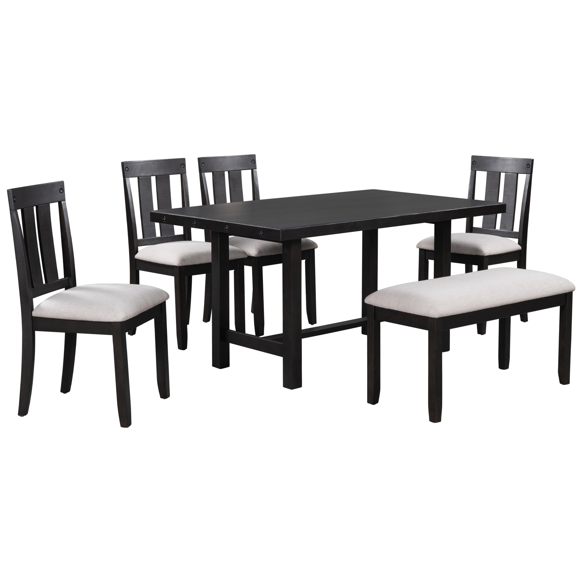 6-Piece Wooden Rustic Style Dining Set with Table, 4 Chairs & Bench (Espresso)