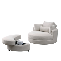 Swivel Accent Barrel Modern Sofa Lounge Club Big Round Chair with Storage Ottoman, Pillows, Beige