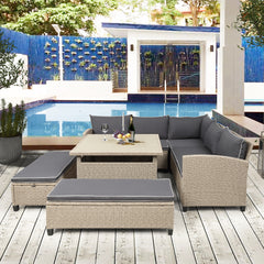 6-Piece Outdoor Wicker Sectional Sofa with Table and Benches