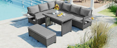 5-Piece Patio Rattan Dining Set with 2 Extendable Side Tables, Washable Covers, Gray