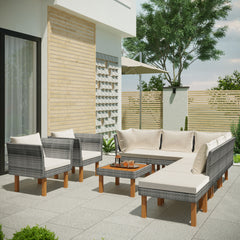 9-Piece Outdoor Gray Rattan Sofa Set with Wood Legs, Acacia Wood Tabletop, Armrest Chairs with Beige Cushions