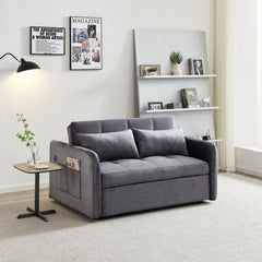 3 In 1 Velvet Sleeper Sofa Bed W/ Reclining Backrest, Toss Pillows, Pockets, Gray