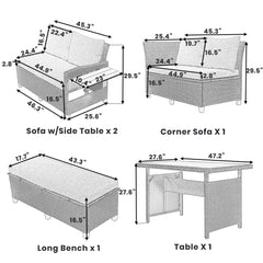 5-Piece Patio Rattan Dining Set with 2 Extendable Side Tables, Washable Covers, Gray