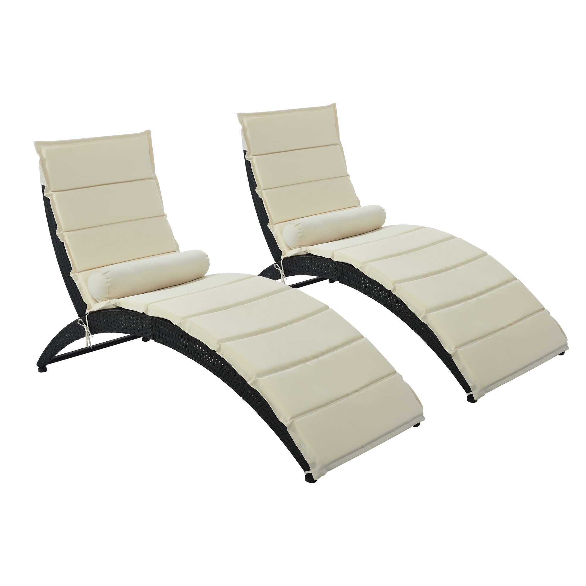 2 Pcs Patio Wicker Foldable Chaise Lounger with Removable Cushion and Bolster Pillow, Black Wicker and Beige Cushion (2 sets)