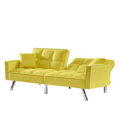 Velvet Loveseat Sofa Couch Bed with Adjustable Backrest, Stainless Steel Legs and 2 Pillows, Yellow