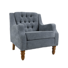 NOBLEMOOD Accent Chair with Vintage Brass Studs and Wood Legs, Button Tufted Upholstered Armchair, Gray