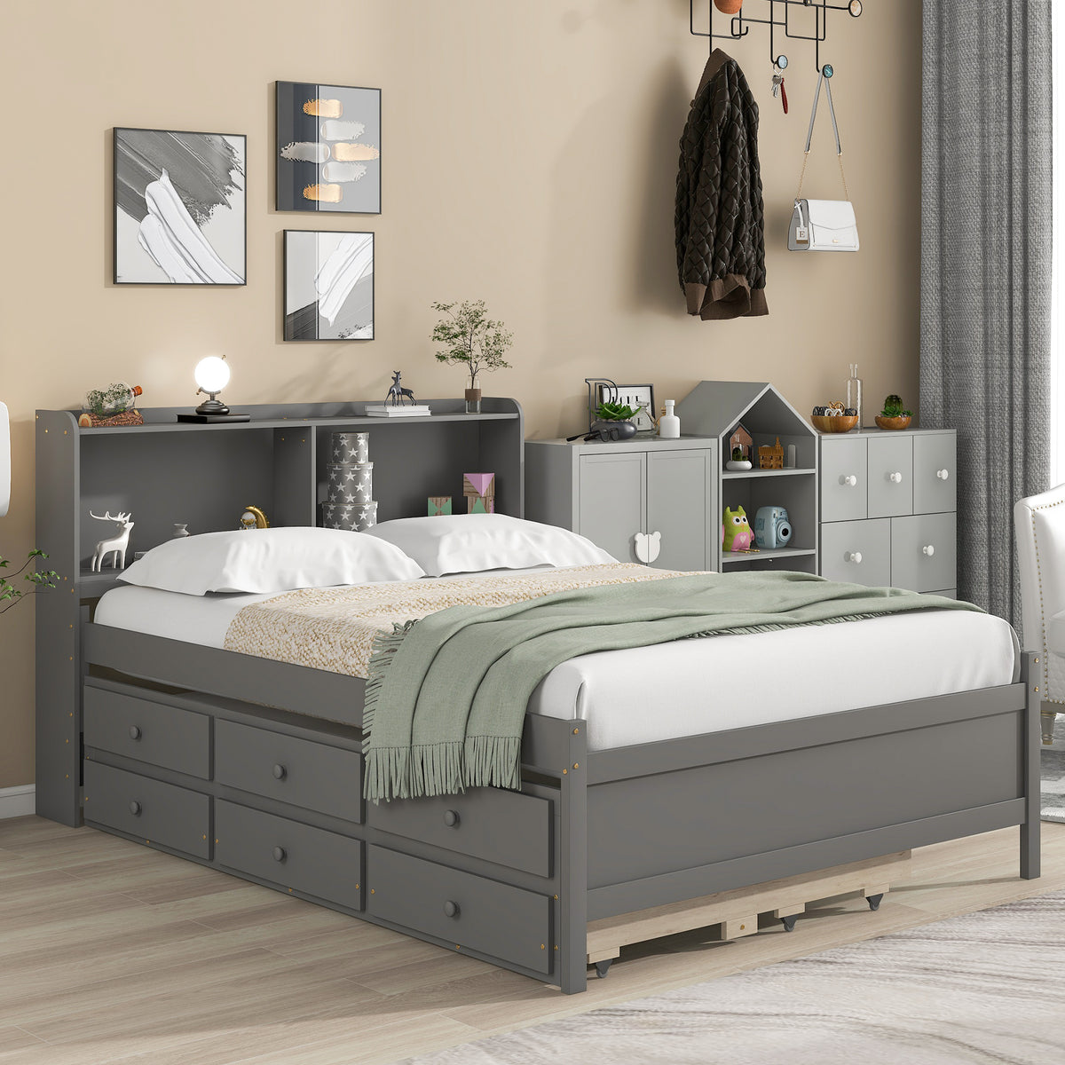 Full Bed with Bookcase,Twin Trundle with Drawers, Gray