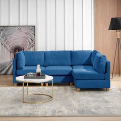 4 Pcs Corduroy Living Room Sectional Sofa with Wood Legs, Blue