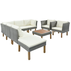 9-Piece Outdoor Gray Rattan Sofa Set with Wood Legs, Acacia Wood Tabletop, Armrest Chairs with Beige Cushions