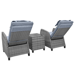 3 Pcs Outdoor Rattan Reclining Chair Set With Coffee Table, Head Pillow, Cushions, Grey