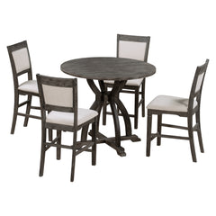 Farmhouse 5-Piece Round Dining Table Set with Trestle Legs & 4 Upholstered Dining Chairs, Gray
