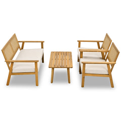 4 Pcs Acacia Wood Sofa Set, Outdoor Chair Set with Wicker Mesh Backrest, Beige Cushions