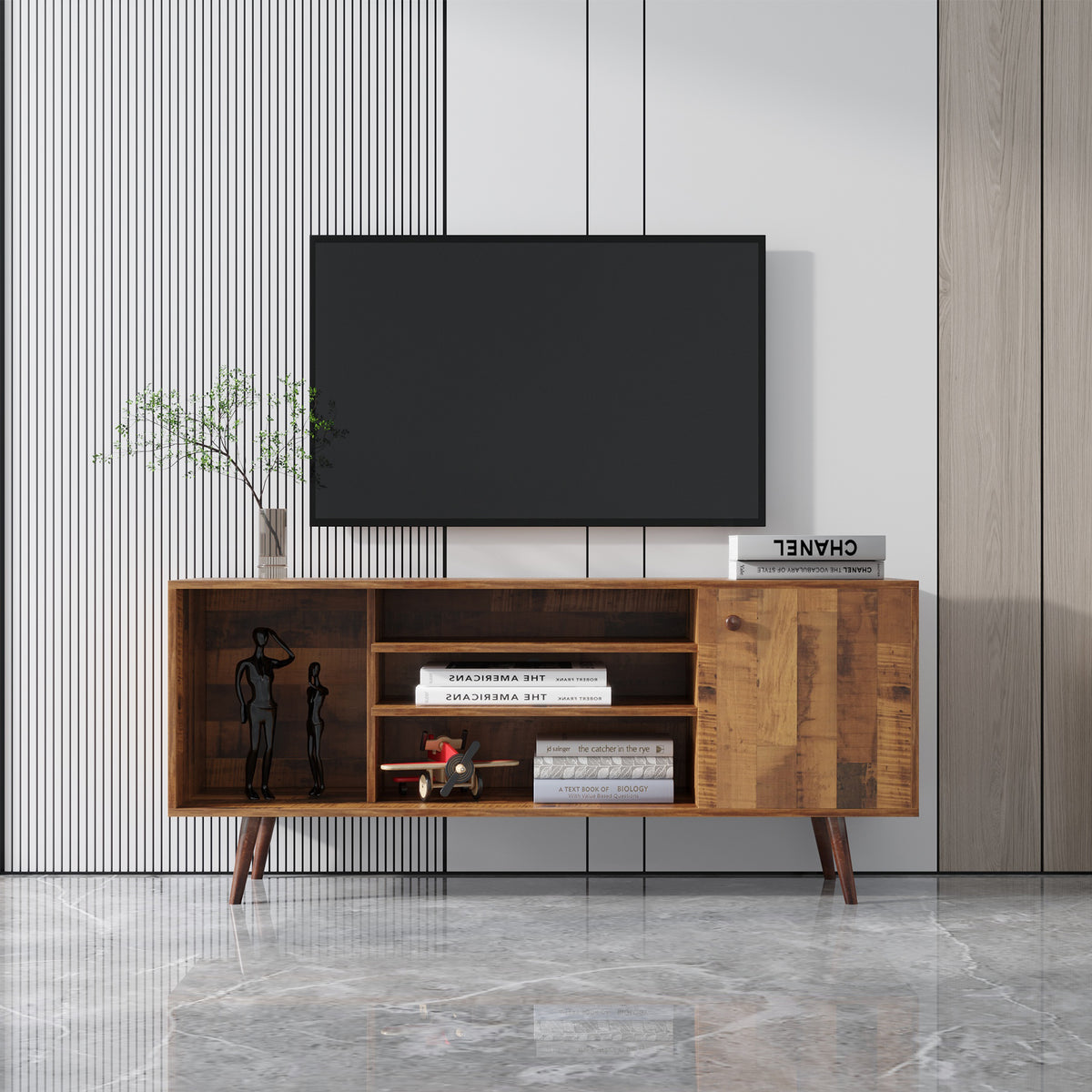 TV Stand with 1 Storage & 2 Shelves Cabinet, Oak
