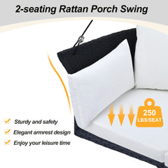 2-Person Rattan Woven Swing Chair, Porch Swing With Hanging Ropes, Cushions