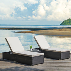 3 Pieces Outdoor Wicker Chaise Lounge Set with Coffee Table, White Cushions