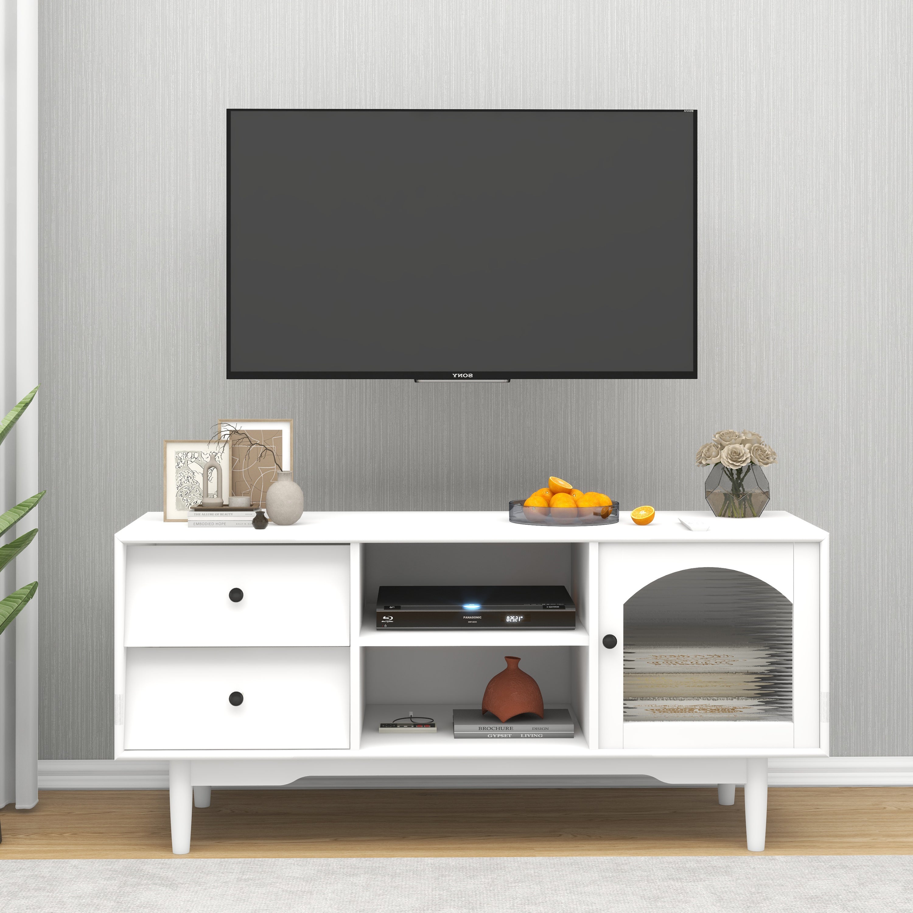 TV Stand with Drawers, Open Shelves & 1 Cabinet with Glass Door, White