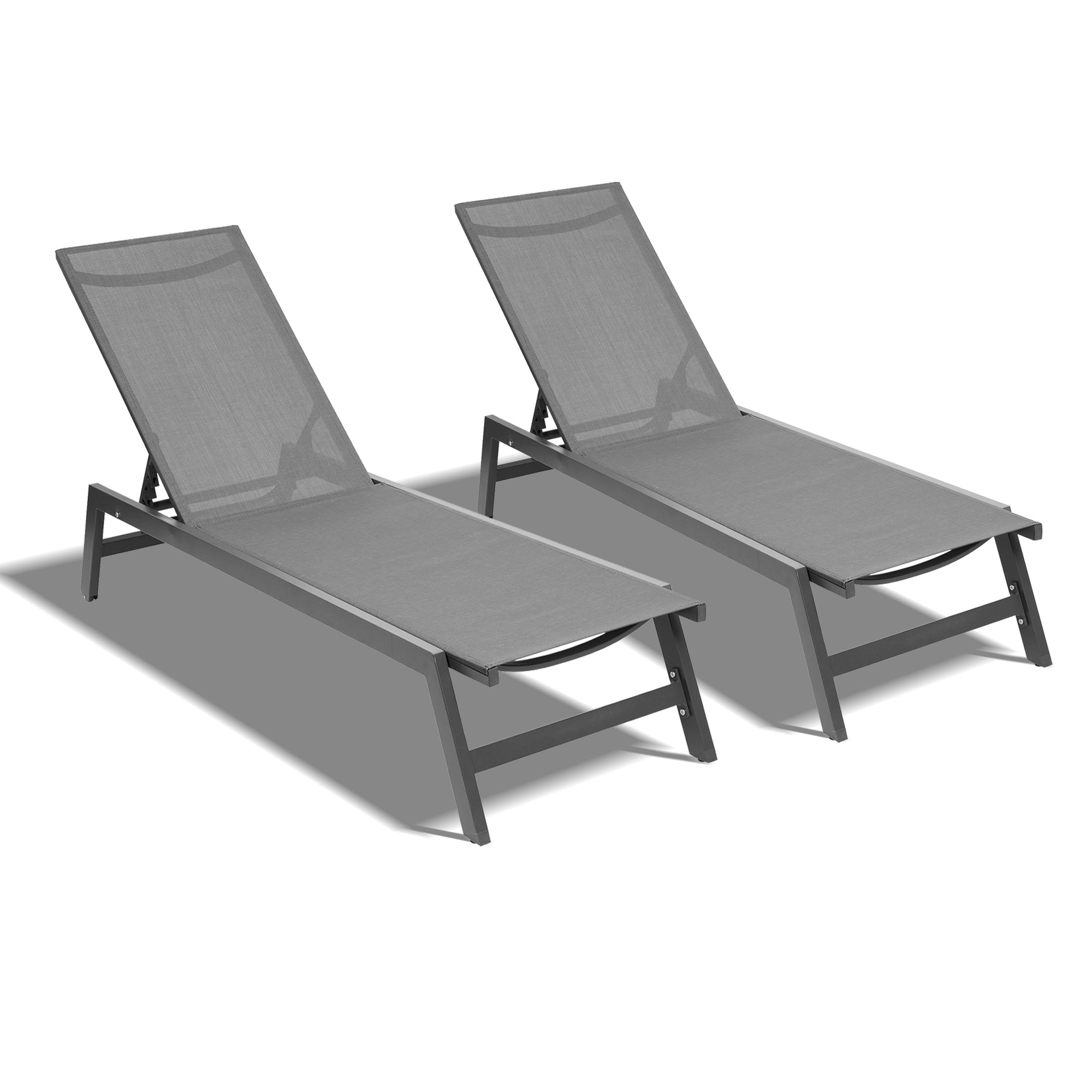 2Pcs Outdoor Chaise Lounge Chairs with 5-Position Adjustable Aluminum Recliner, Grey