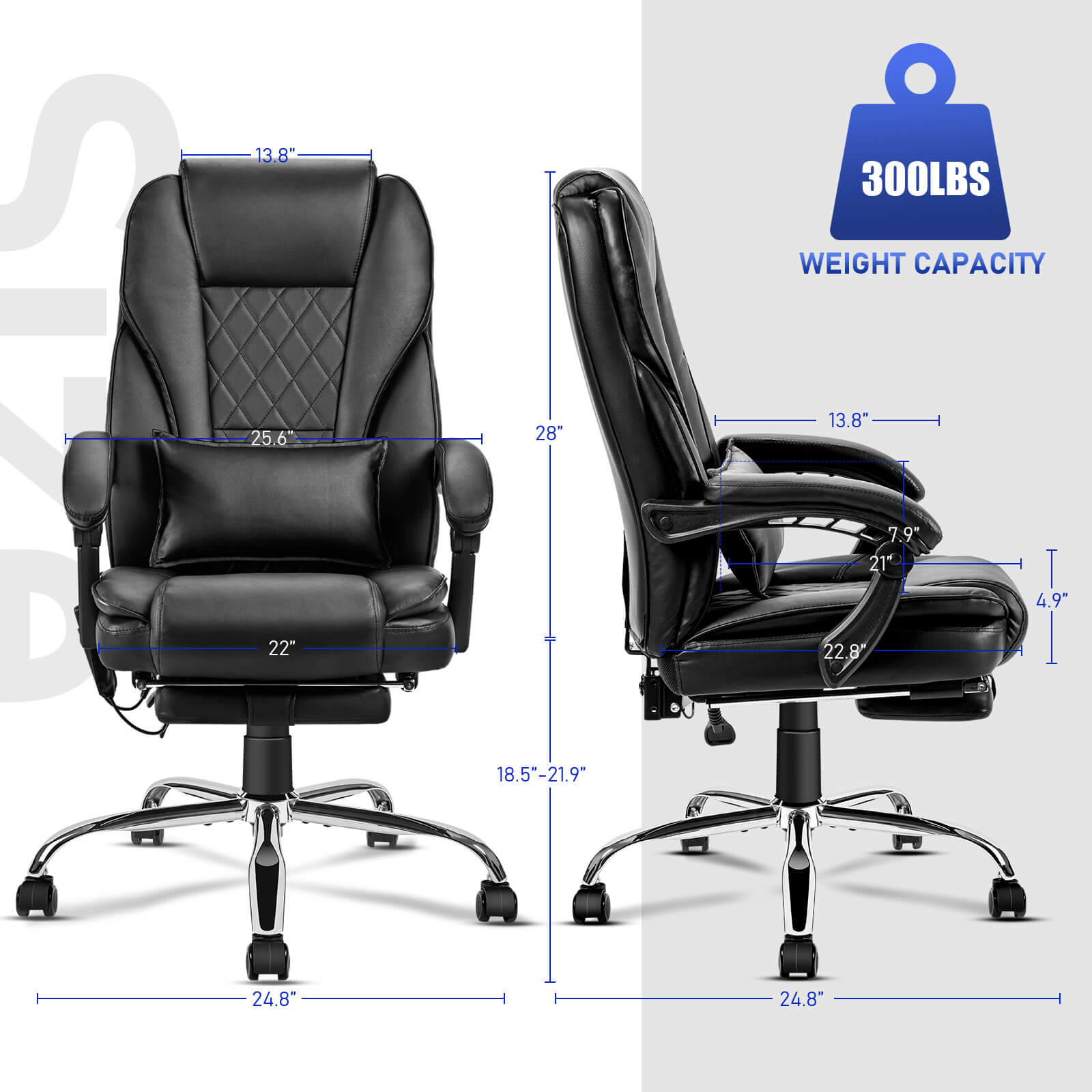 High Back Office Chair with Footrest - Reclining Executive Computer Chair  with Massaging Lumbar Cushion Home Office Desk Chair with Adjustable Angle  and Height, Breathable Thick Padding for Comfort 