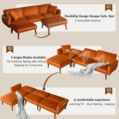 Convertible Sectional Sofa, Velvet Sleeper Couch Bed with 3-Level Reclining Backrest, Storage & Ottoman, Orange