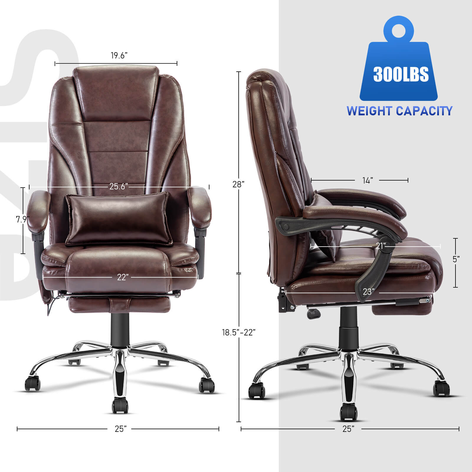Big and Tall Ergonomic Executive Office Chair w/ 4-Point Massage & Heating, Reclining Backrest, Footrest & Pillow, Brown