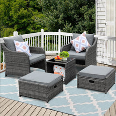 5 Pcs Patio Wicker Sofa Chair Set w/ 2 Ottomans, 4 Pillows, Coffee Table & Fabric Cover, Gray