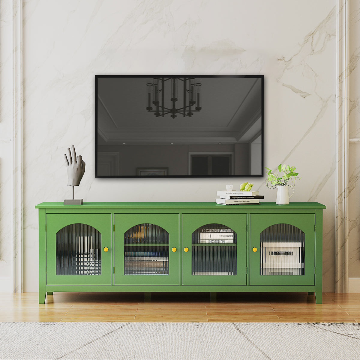 71" Stylish TV Stand with Solid Wood Frame & Glass Door, Antique Green