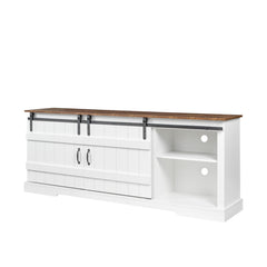 Farmhouse TV Stand with Sliding Barn Doors & Open Storage Cabinets for 80 Inch TV, White