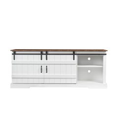 Farmhouse TV Stand with Sliding Barn Doors & Open Storage Cabinets for 80 Inch TV, White