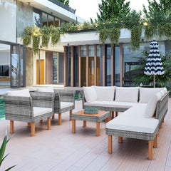 9-Piece Outdoor Gray Rattan Sofa Set with Wood Legs, Acacia Wood Tabletop, Armrest Chairs with Beige Cushions