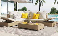 3-Piece Patio Rattan Sofa Set with Adjustable Chaise Lounge and Tempered Glass Table, Natural Brown+ Beige Cushion