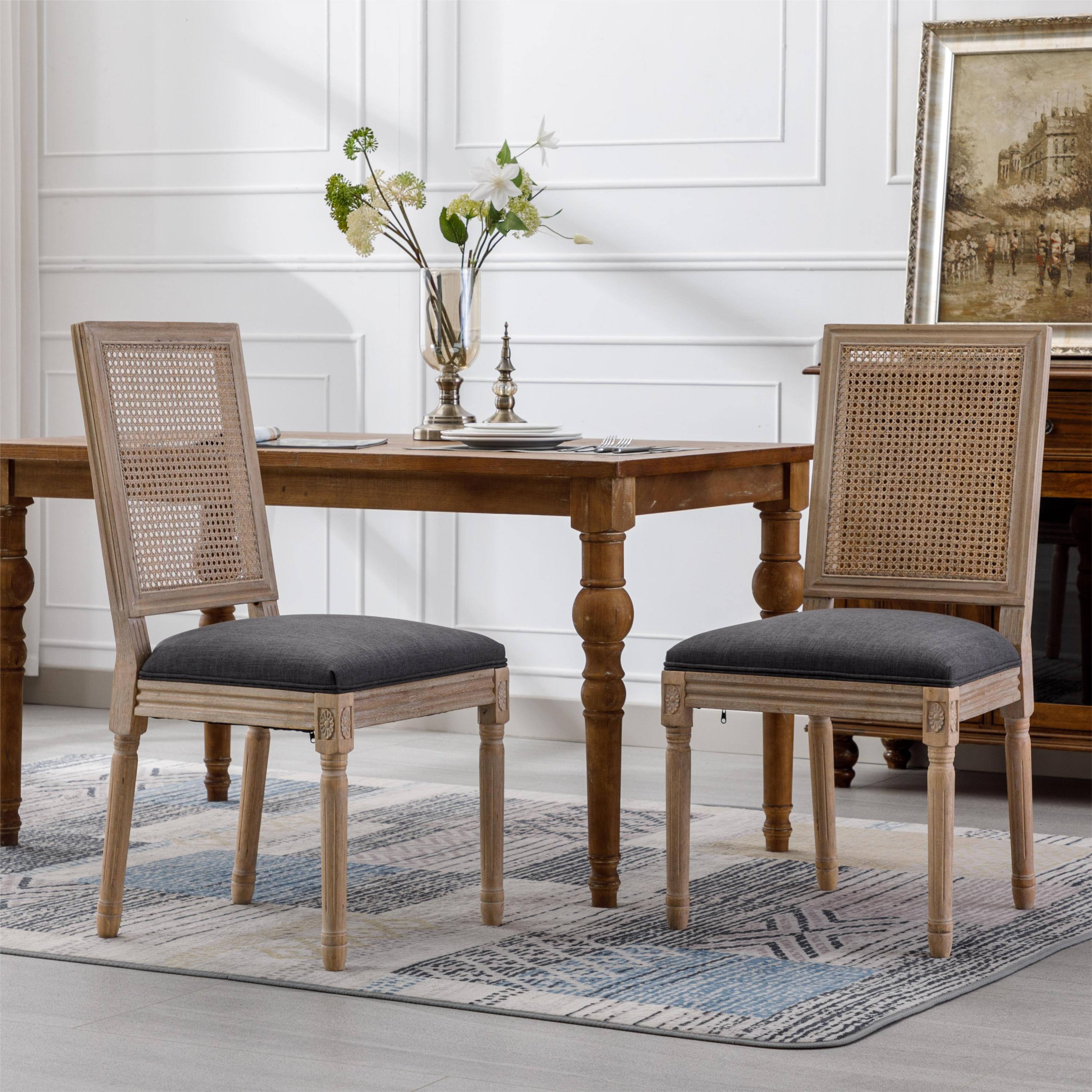 2 Pcs French Dining Chair, Linen Fabric Upholstered Farmhouse Dining Chairs