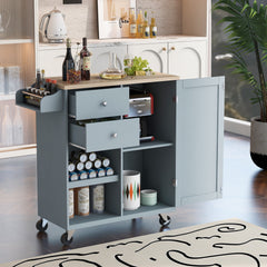 Kitchen Cart with Wine Rack, Towel Rack, Two Drawers, Rubber Wood Top & 4 Wheels for Dining Room, Kitchen & Living Room, Grey Blue