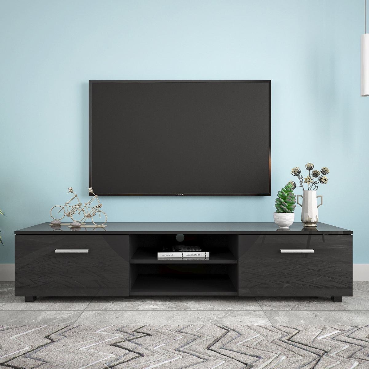 TV Stand with 2 Storage Cabinets & Open Shelves for 70 Inch TV, Black